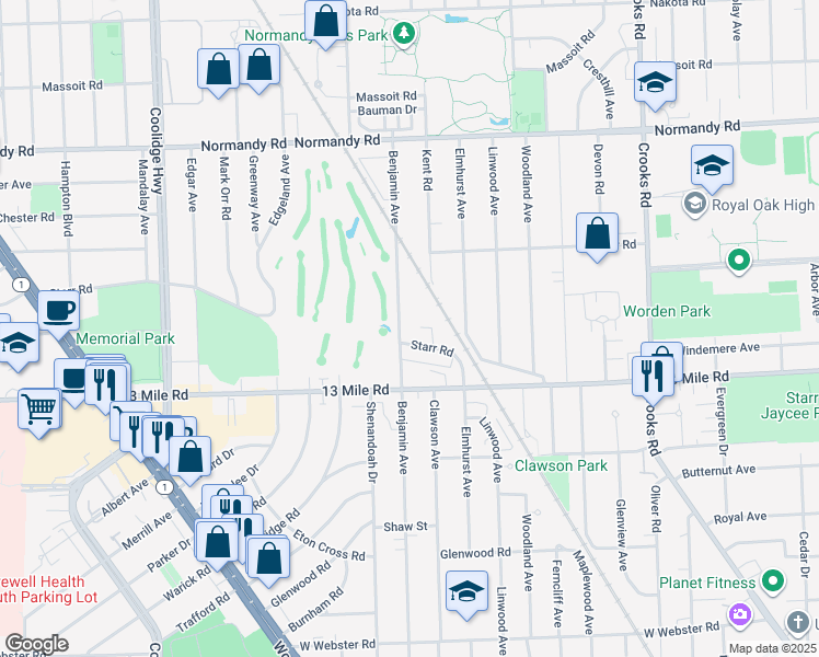 map of restaurants, bars, coffee shops, grocery stores, and more near 3536 Benjamin Avenue in Royal Oak