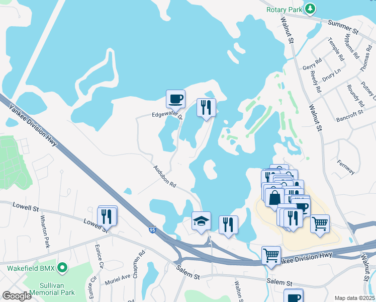 map of restaurants, bars, coffee shops, grocery stores, and more near 201 Edgewater Drive in Wakefield
