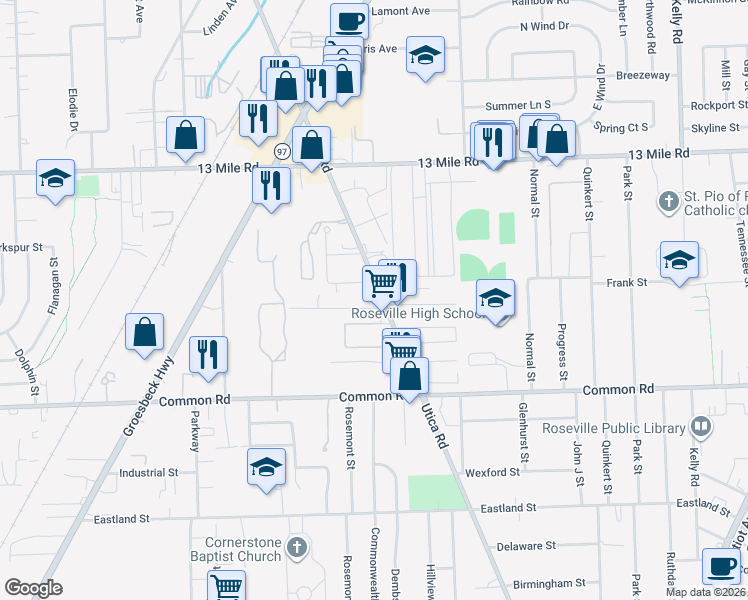 map of restaurants, bars, coffee shops, grocery stores, and more near 30521 Utica Road in Roseville
