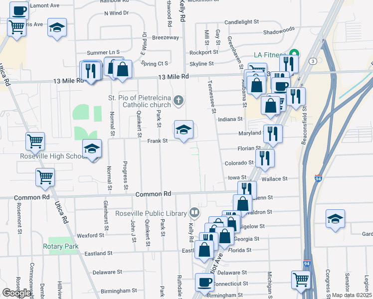 map of restaurants, bars, coffee shops, grocery stores, and more near 18700 Frank Street in Roseville