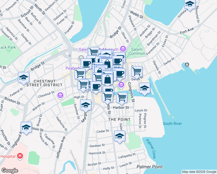 map of restaurants, bars, coffee shops, grocery stores, and more near 37 Central Street in Salem