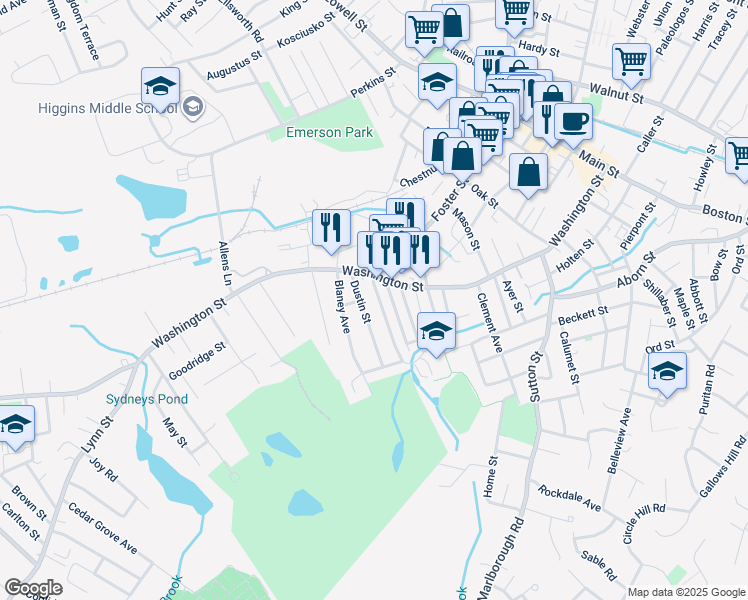 map of restaurants, bars, coffee shops, grocery stores, and more near 168 Washington Street in Peabody