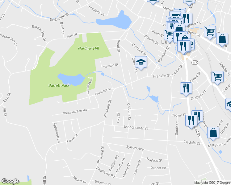 map of restaurants, bars, coffee shops, grocery stores, and more near 1 Biscuit Hill Drive in Leominster