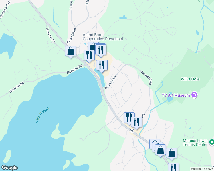 map of restaurants, bars, coffee shops, grocery stores, and more near 128 Waterside Clearing in Acton