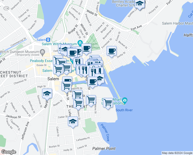 map of restaurants, bars, coffee shops, grocery stores, and more near 57 Wharf Street in Salem