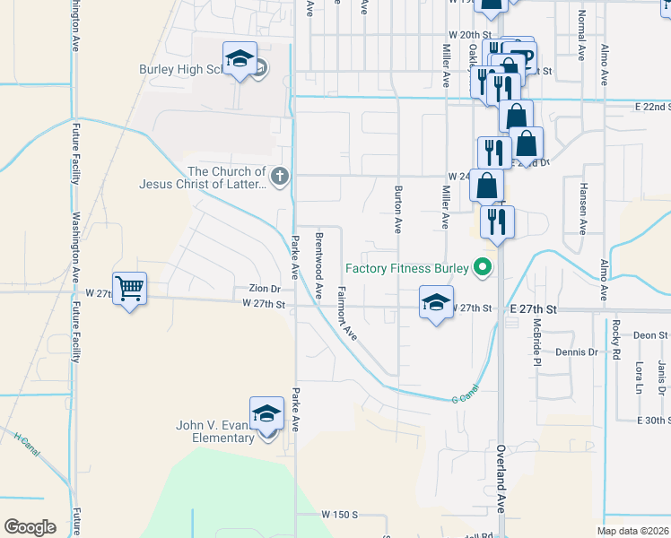 map of restaurants, bars, coffee shops, grocery stores, and more near 2631 Fairmont Drive in Burley