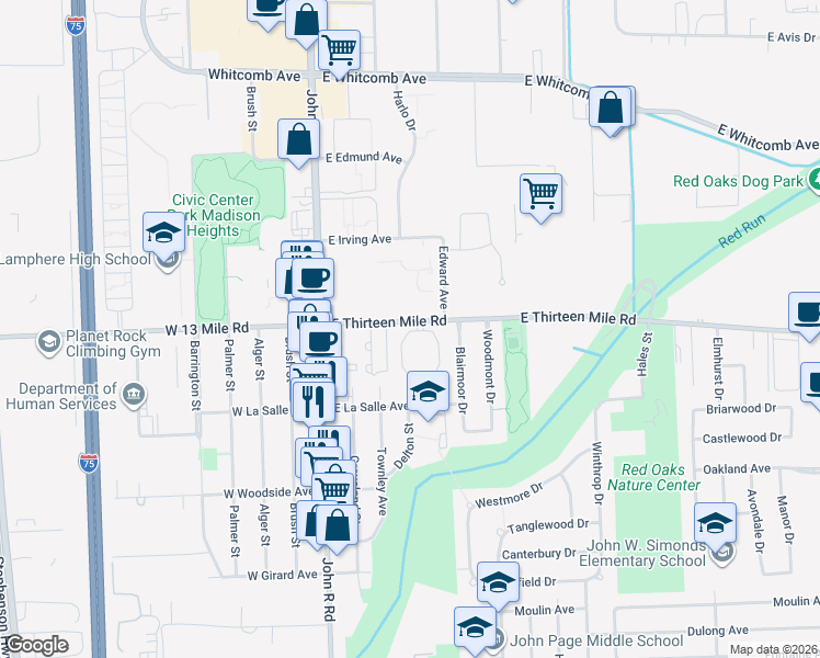 map of restaurants, bars, coffee shops, grocery stores, and more near 401 East Thirteen Mile Road in Madison Heights