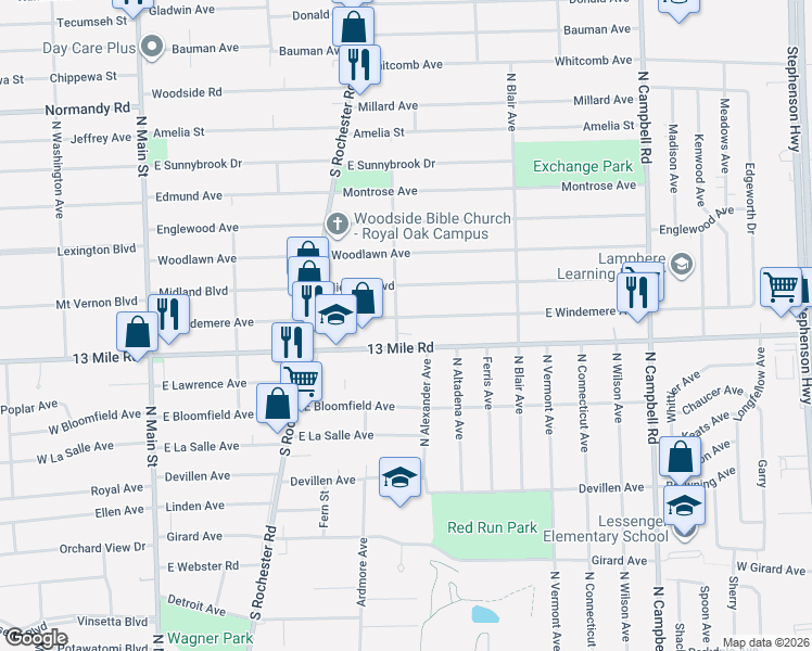map of restaurants, bars, coffee shops, grocery stores, and more near 627 East Windemere Avenue in Royal Oak
