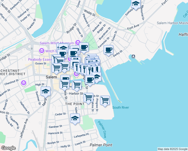 map of restaurants, bars, coffee shops, grocery stores, and more near 75 Wharf Street in Salem