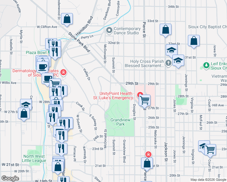 map of restaurants, bars, coffee shops, grocery stores, and more near 200-208 29th Street in Sioux City