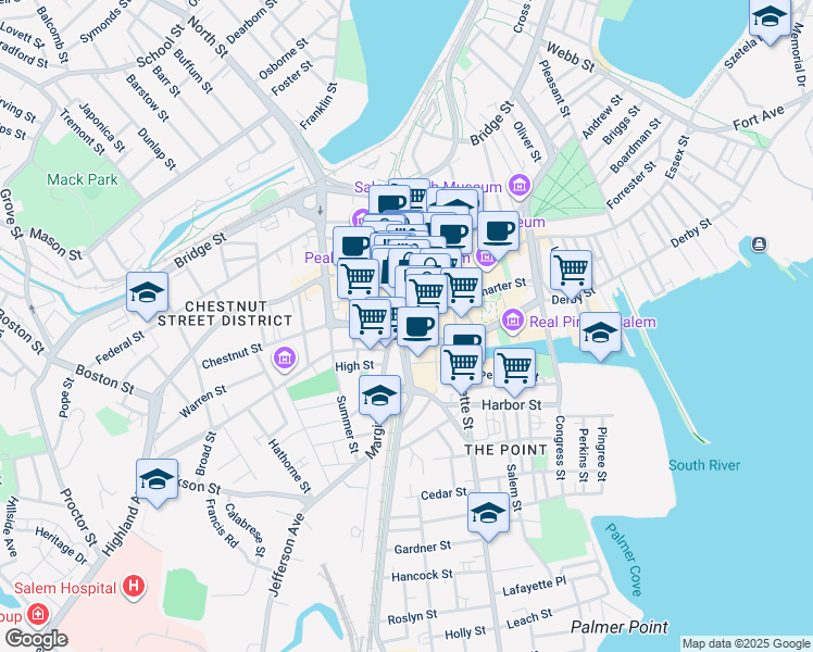 map of restaurants, bars, coffee shops, grocery stores, and more near 165 Washington Street in Salem