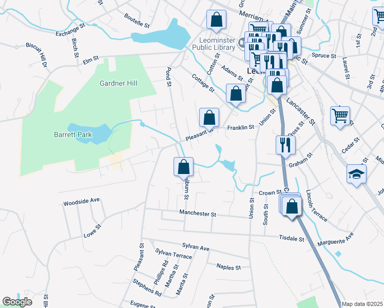 map of restaurants, bars, coffee shops, grocery stores, and more near 191 Pleasant Street in Leominster