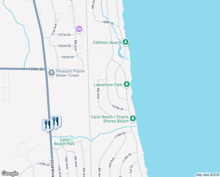 map of restaurants, bars, coffee shops, grocery stores, and more near 10511 3rd Avenue in Pleasant Prairie