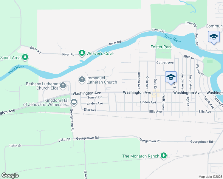 map of restaurants, bars, coffee shops, grocery stores, and more near 2320 Washington Avenue in Iowa Falls