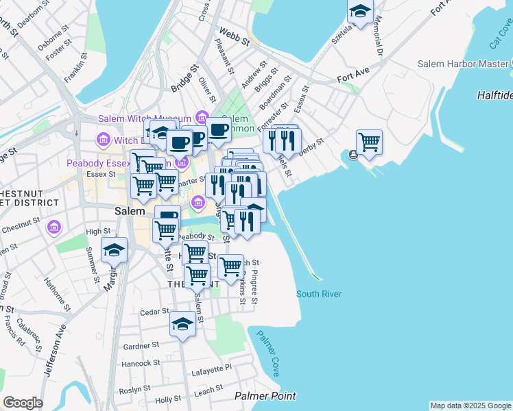 map of restaurants, bars, coffee shops, grocery stores, and more near 94 Wharf Street in Salem
