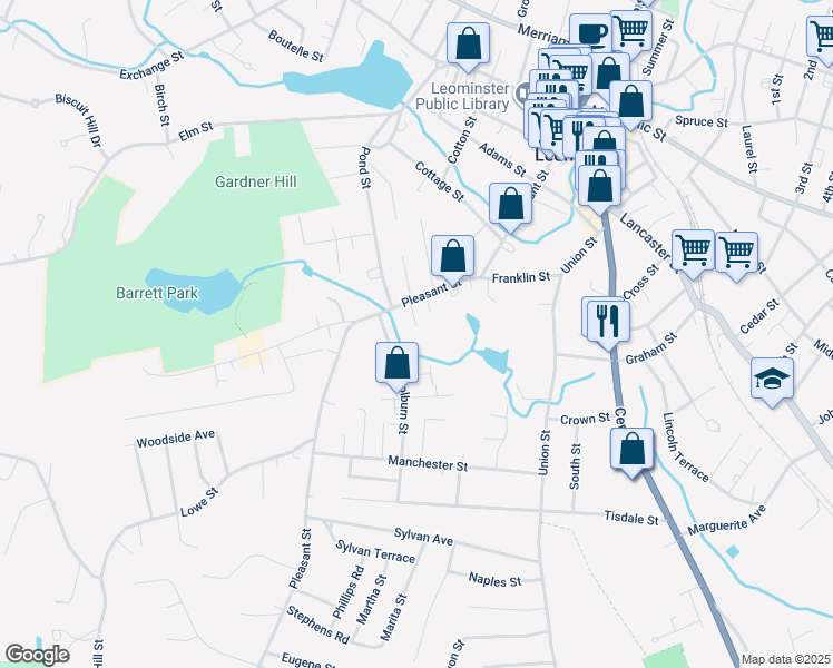 map of restaurants, bars, coffee shops, grocery stores, and more near 191 Pleasant Street in Leominster