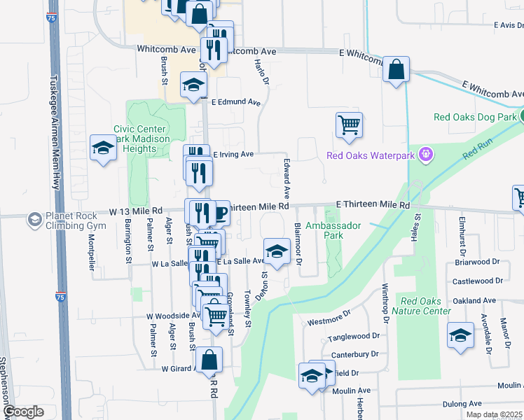 map of restaurants, bars, coffee shops, grocery stores, and more near 401 East Thirteen Mile Road in Madison Heights