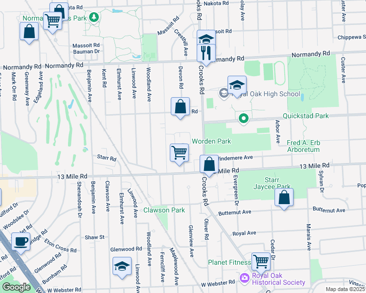 map of restaurants, bars, coffee shops, grocery stores, and more near 3435 Crooks Road in Royal Oak