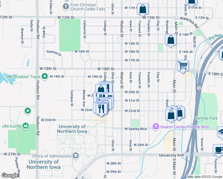 map of restaurants, bars, coffee shops, grocery stores, and more near 1924 College Street in Cedar Falls