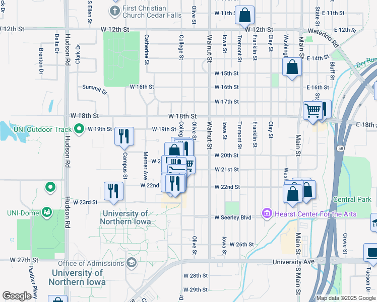 map of restaurants, bars, coffee shops, grocery stores, and more near 1924 College Street in Cedar Falls