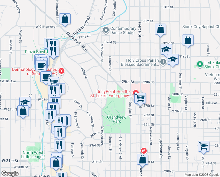 map of restaurants, bars, coffee shops, grocery stores, and more near 200-208 29th Street in Sioux City
