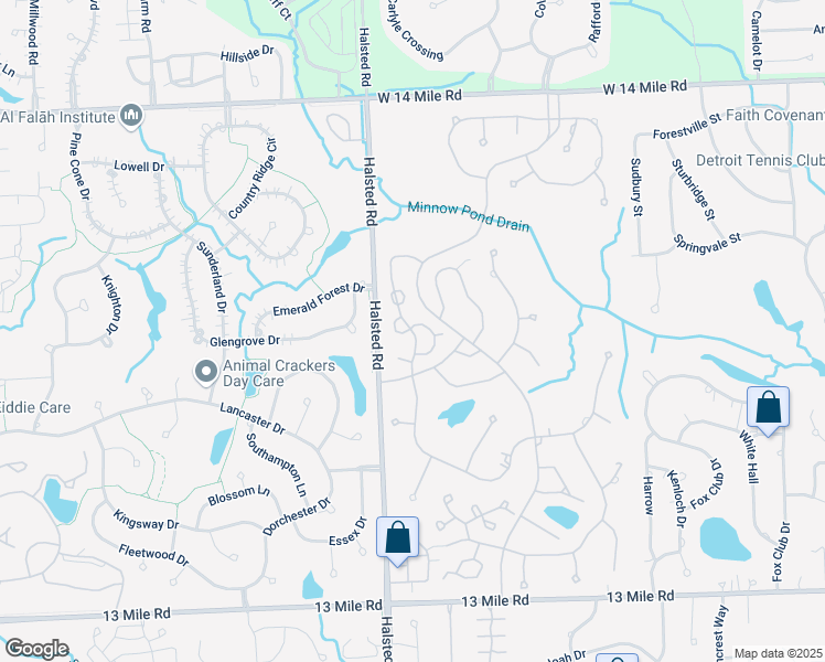 map of restaurants, bars, coffee shops, grocery stores, and more near 30670 Tanglewood Trail in Farmington Hills