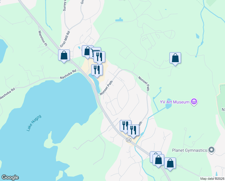 map of restaurants, bars, coffee shops, grocery stores, and more near 551 Great Elm Way in Acton