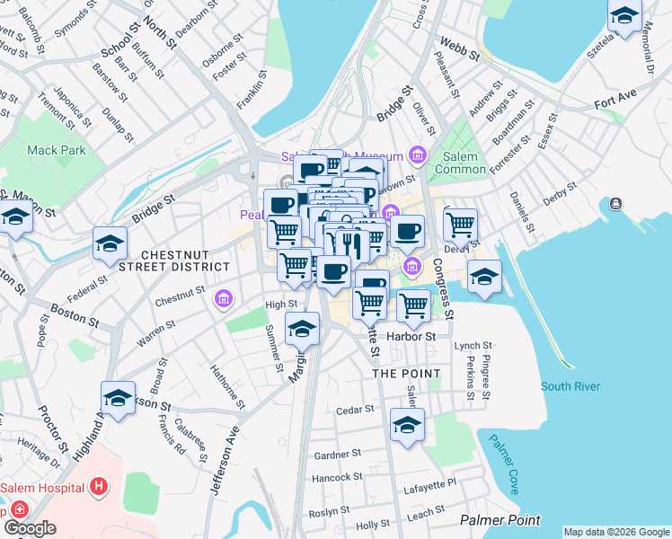 map of restaurants, bars, coffee shops, grocery stores, and more near 21 Front Street in Salem