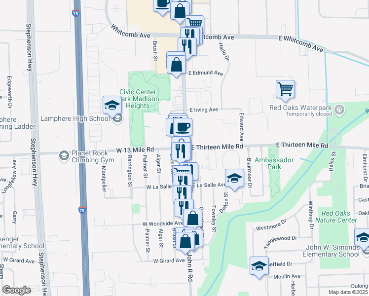 map of restaurants, bars, coffee shops, grocery stores, and more near 15 West 13 Mile Road in Madison Heights