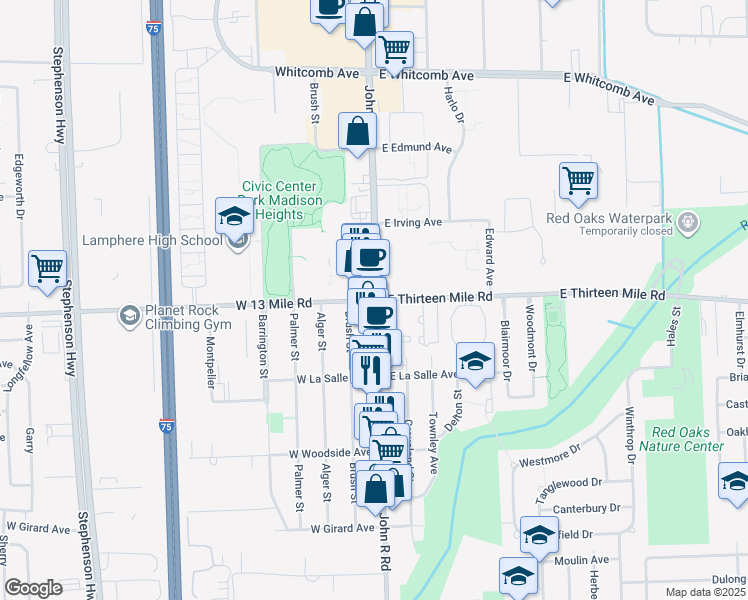 map of restaurants, bars, coffee shops, grocery stores, and more near 13 West 13 Mile Road in Madison Heights