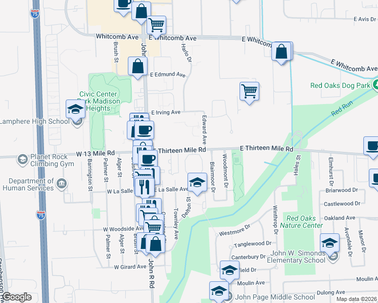 map of restaurants, bars, coffee shops, grocery stores, and more near 401 East Thirteen Mile Road in Madison Heights