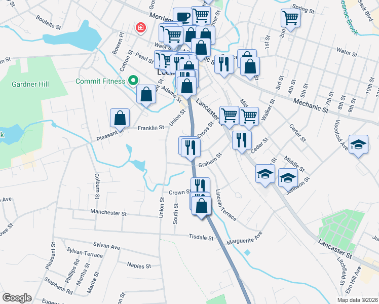 map of restaurants, bars, coffee shops, grocery stores, and more near 160 Central Street in Leominster