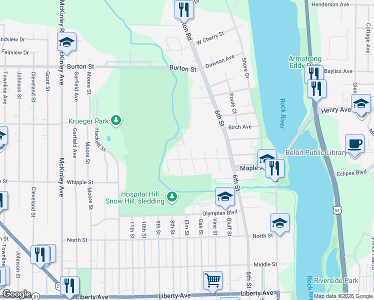 map of restaurants, bars, coffee shops, grocery stores, and more near 1613 Elm Street in Beloit