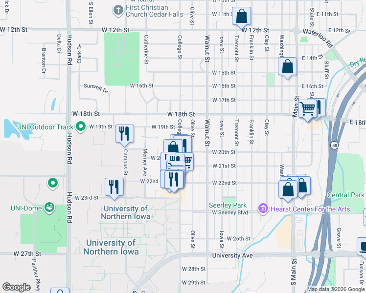 map of restaurants, bars, coffee shops, grocery stores, and more near 1924 College Street in Cedar Falls