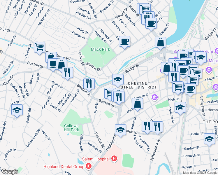 map of restaurants, bars, coffee shops, grocery stores, and more near 401 Bridge Street in Salem