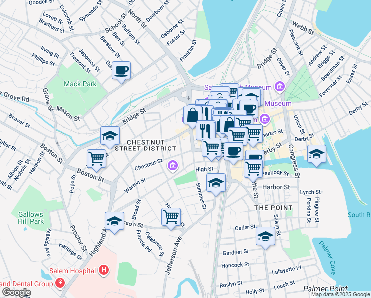 map of restaurants, bars, coffee shops, grocery stores, and more near 18 Summer Street in Salem