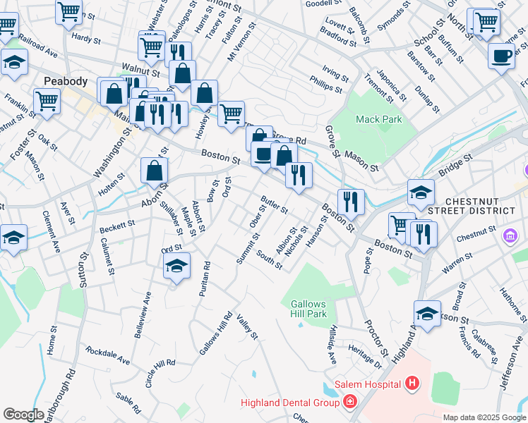 map of restaurants, bars, coffee shops, grocery stores, and more near 47 Butler Street in Salem