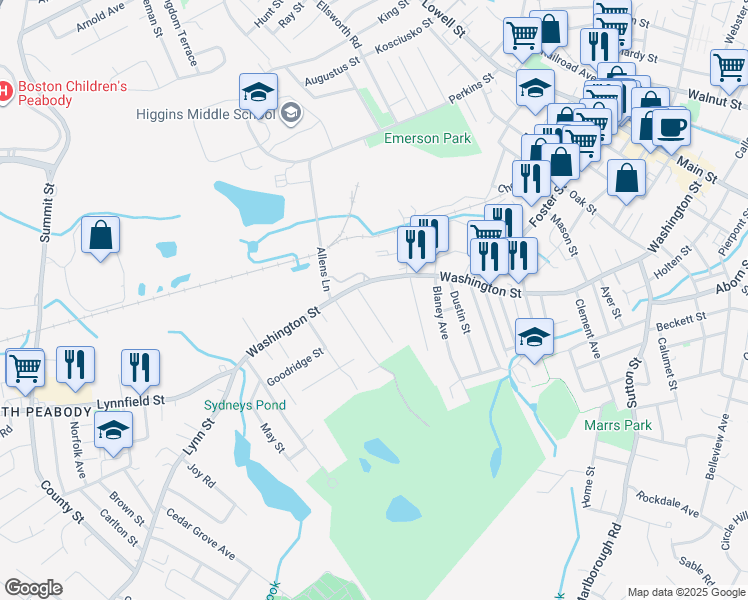 map of restaurants, bars, coffee shops, grocery stores, and more near 234 Washington Street in Peabody