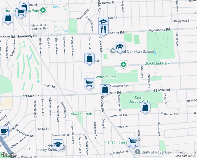map of restaurants, bars, coffee shops, grocery stores, and more near 3435 Crooks Road in Royal Oak