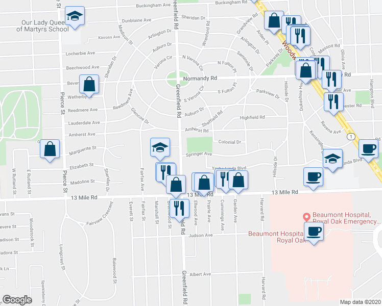 map of restaurants, bars, coffee shops, grocery stores, and more near 4420 Springer Avenue in Royal Oak