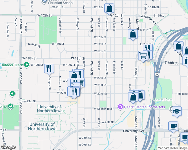 map of restaurants, bars, coffee shops, grocery stores, and more near 1923 Iowa Street in Cedar Falls
