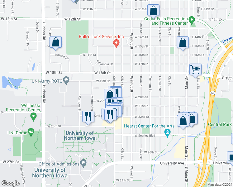 map of restaurants, bars, coffee shops, grocery stores, and more near 1924 College Street in Cedar Falls