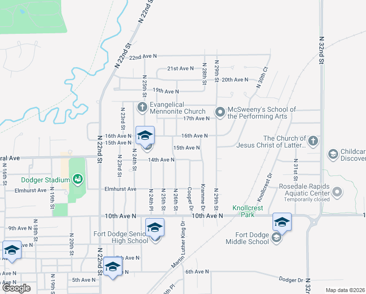 map of restaurants, bars, coffee shops, grocery stores, and more near 2631 16th Avenue North in Fort Dodge