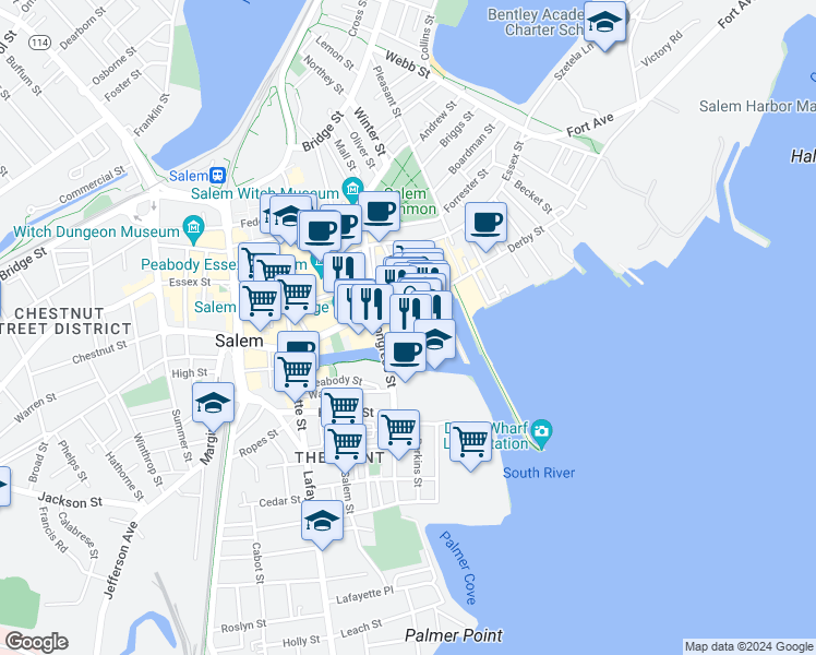 map of restaurants, bars, coffee shops, grocery stores, and more near 9 Pickering Way in Salem