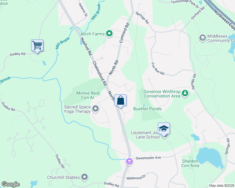 map of restaurants, bars, coffee shops, grocery stores, and more near 3 Homestead Circle in Bedford