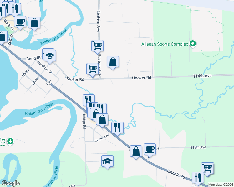 map of restaurants, bars, coffee shops, grocery stores, and more near 700 Vista Court in Allegan
