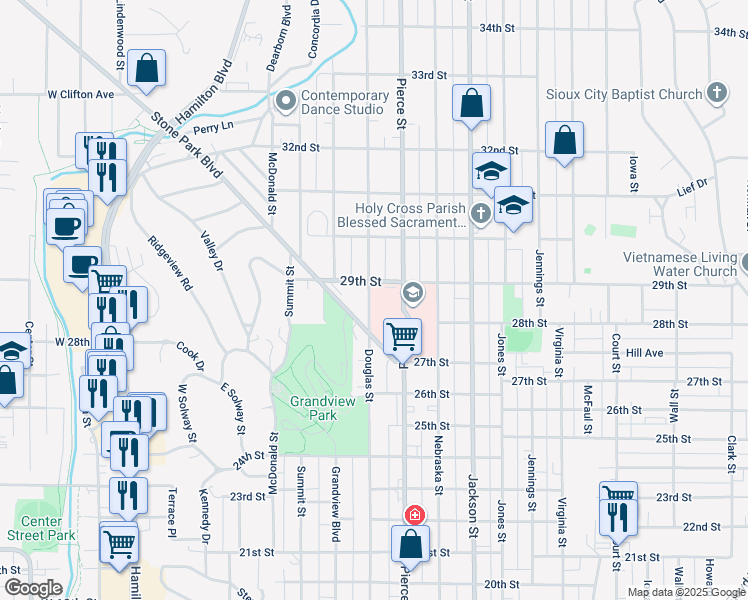 map of restaurants, bars, coffee shops, grocery stores, and more near 2800-2898 Douglas Street in Sioux City