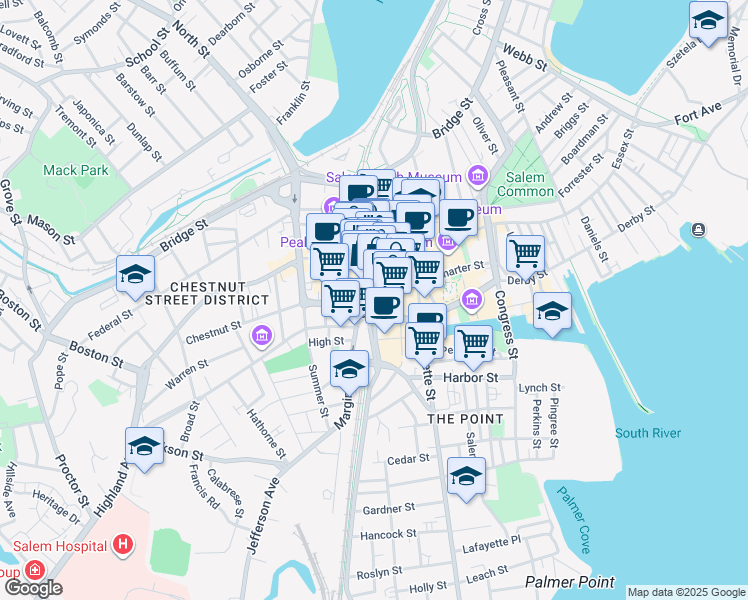 map of restaurants, bars, coffee shops, grocery stores, and more near Washington Street in Salem