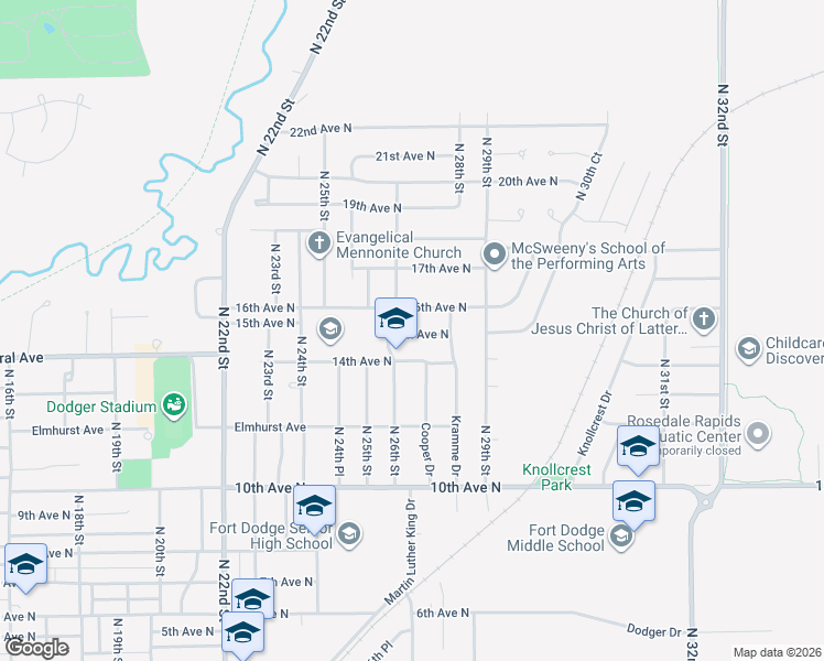 map of restaurants, bars, coffee shops, grocery stores, and more near 2631 16th Avenue North in Fort Dodge