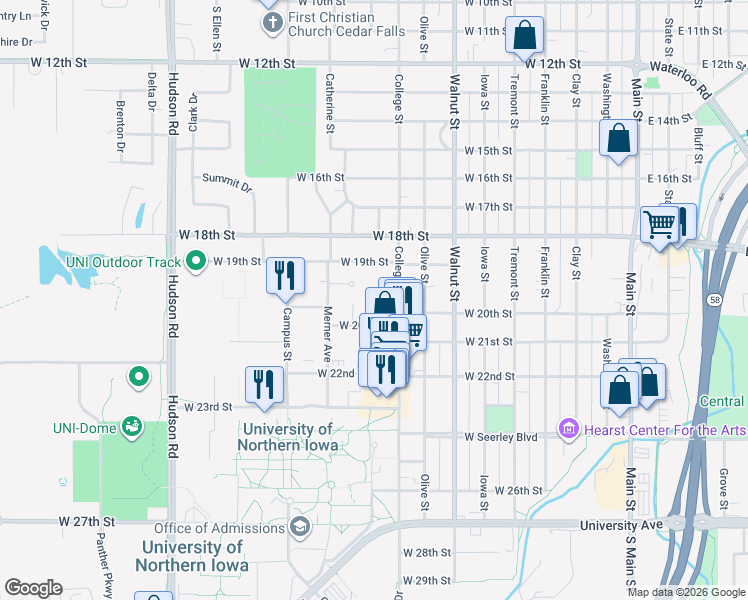 map of restaurants, bars, coffee shops, grocery stores, and more near 1919 College Street in Cedar Falls